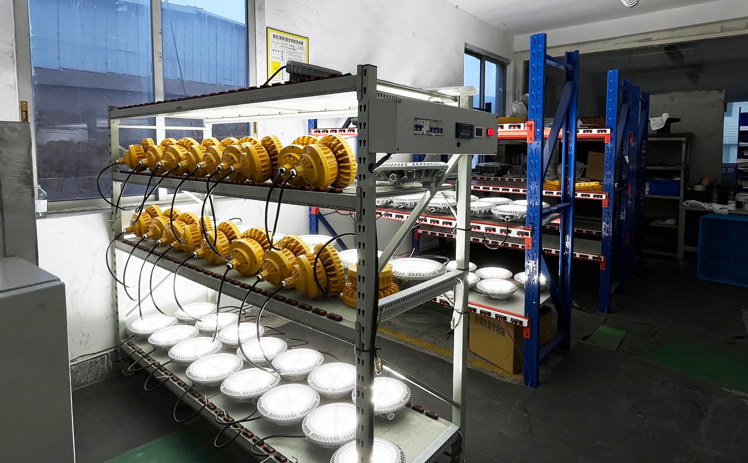 Industrial LED explosion proof lighting in warehouse. Industrial LED explosion proof lighting in warehouse.