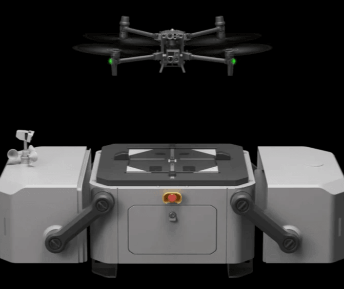 Drone equipped with a portable battery air conditioner flying over hot terrain. Drone equipped with a portable battery air conditioner flying over hot terrain.