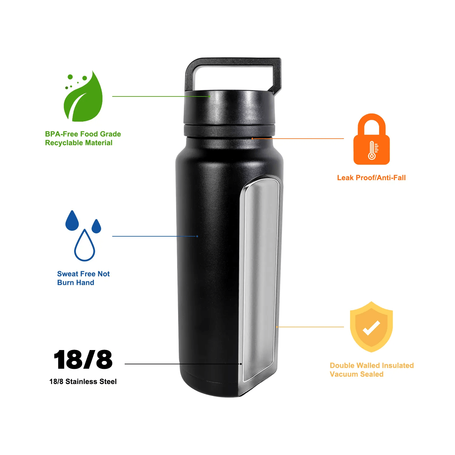 Reusable stainless steel water bottle. Reusable stainless steel water bottle.